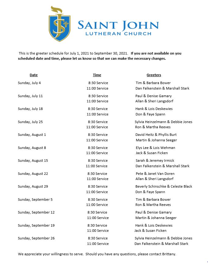 Sunday Servant Schedules - St. John Lutheran Church